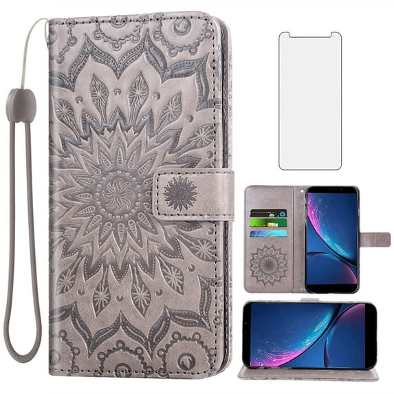 Asuwish Compatible with Hot Pepper Serrano 3 Wallet Phone Case and Tempered Glass Screen Protector Flip Credit Card Holder Stand Mandala Flower Cell Cover for HPP-L55B HPPL55B Women Men Gray