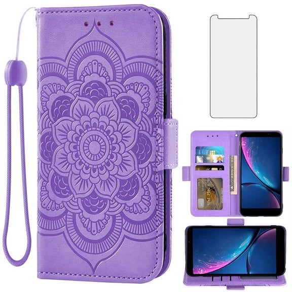 Asuwish Compatible with Hot Pepper Serrano 3 Wallet Phone Case and Tempered Glass Screen Protector Flip Credit Card Holder Stand Mandala Flower Cell Cover for HPP-L55B HPPL55B Women Men Purple