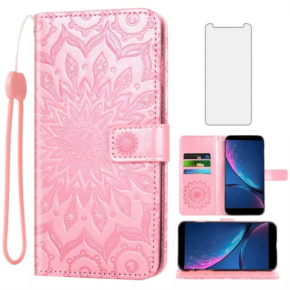 Asuwish Compatible with Hot Pepper Serrano 3 Wallet Phone Case and Tempered Glass Screen Protector Flip Credit Card Holder Stand Mandala Flower Cell Cover for HPP-L55B HPPL55B Women Men Pink