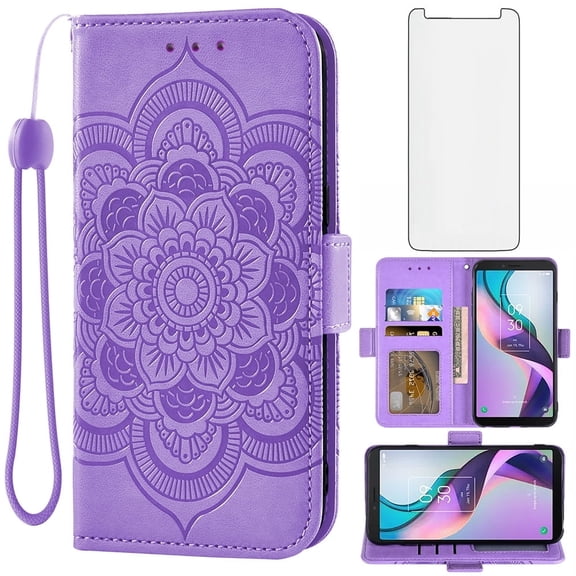 Asuwish Compatible with Metro TCL Ion X/Ion V/40Z T607DL Wallet Phone Case and Tempered Glass Screen Protector Flip Credit Card Holder Stand Mandala Flower Cell Cover for IonX T430W IonV 2023 Purple