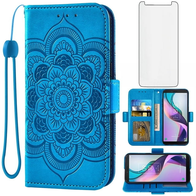 Asuwish Compatible with Metro TCL Ion X/Ion V/40Z T607DL Wallet Phone Case and Tempered Glass Screen Protector Flip Credit Card Holder Stand Mandala Flower Cell Cover for IonX T430W IonV 2023 Blue