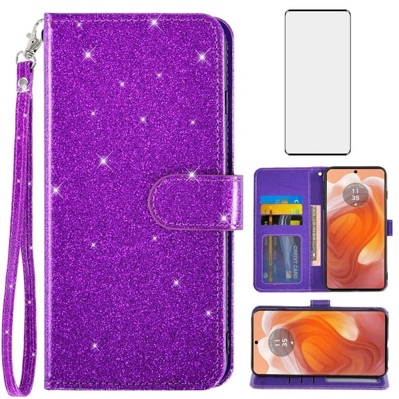 Asuwish Compatible with Motorola Edge 50 Ultra/Moto X50 Ultra Wallet Phone Case and Tempered Glass Screen Protector Flip Credit Card Holder Stand Bling Glitter Cell Cover for Edge50 50 Ultra Purple