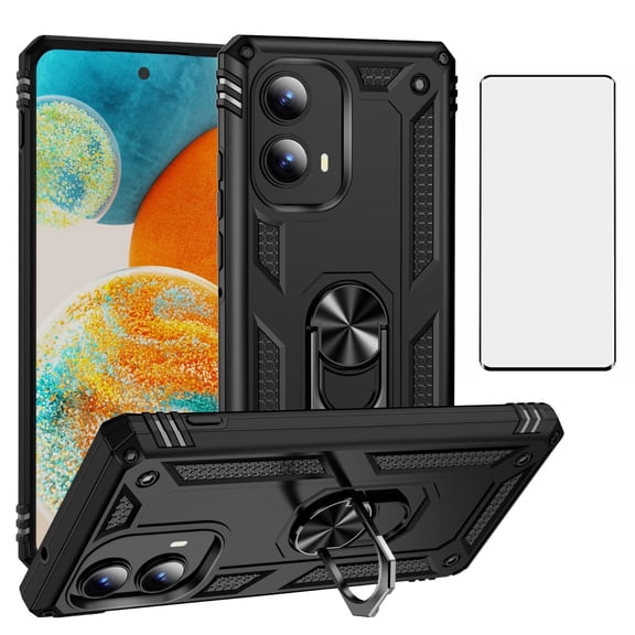 Asuwish Compatible with Motorola Edge 5G 2024 Phone Case Tempered Glass Screen Protector Slim Magnetic Ring Holder Stand Hybrid Protective Cell Cover for Moto Edge2024 Women Men Black