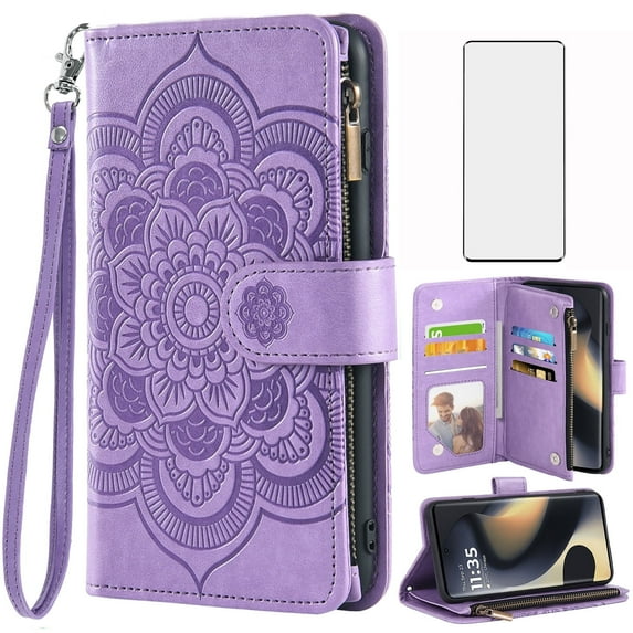 Asuwish Compatible with Motorola Edge 5G 2024 Wallet Phone Case and Tempered Glass Screen Protector Flower Faux Leather Flip Credit Card Holder Stand Zipper Cell Cover for Moto Edge2024 Women Purple