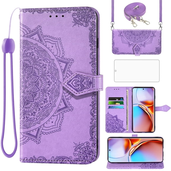 Asuwish Screen Protector Included Mandala Flower Hard Shell Wallet Cell Phone Case with Tempered Glass Screen Protector for Motorola Edge Plus 2023, Purple