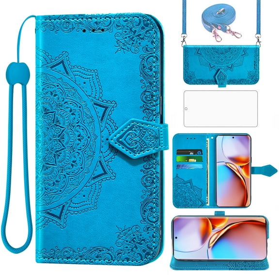 Asuwish Compatible with Motorola Edge+ Plus 2023/Edge 40 Pro 5G/Moto X40 Wallet Phone Case and Tempered Glass Screen Protector Flip Credit Card Holder Mandala Flower Cell Cover for X + Women Men Blue