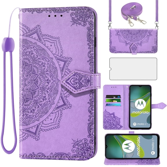 Asuwish Screen Protector Included Mandala Flower Hard Shell Wallet Cell Phone Case with Tempered Glass Screen Protector for Motorola Moto E13, Purple