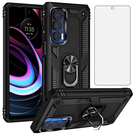 Asuwish Compatible with Motorola Moto Edge 2021/MotoEdge 5G UW 2021 Phone Case Tempered Glass Screen Protector Slim Magnetic Ring Holder Stand Hybrid Protective Cell Cover for XT2141- Women Men Black