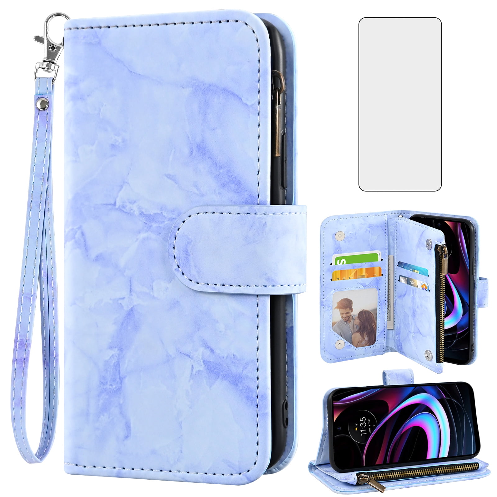 Compatible with Motorola Moto Edge 2021/MotoEdge 5G UW 2021 Wallet Phone Case and Tempered Glass Screen Protector Marble Faux Leather Flip Credit Card Holder Stand Zipper Cell Cover for XT2141-1 Blue