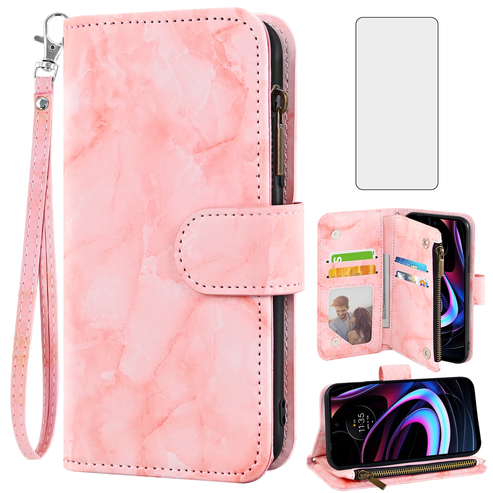Compatible with Motorola Moto Edge 2021/MotoEdge 5G UW 2021 Wallet Phone Case and Tempered Glass Screen Protector Marble Faux Leather Flip Credit Card Holder Stand Zipper Cell Cover for XT2141-1 Pink