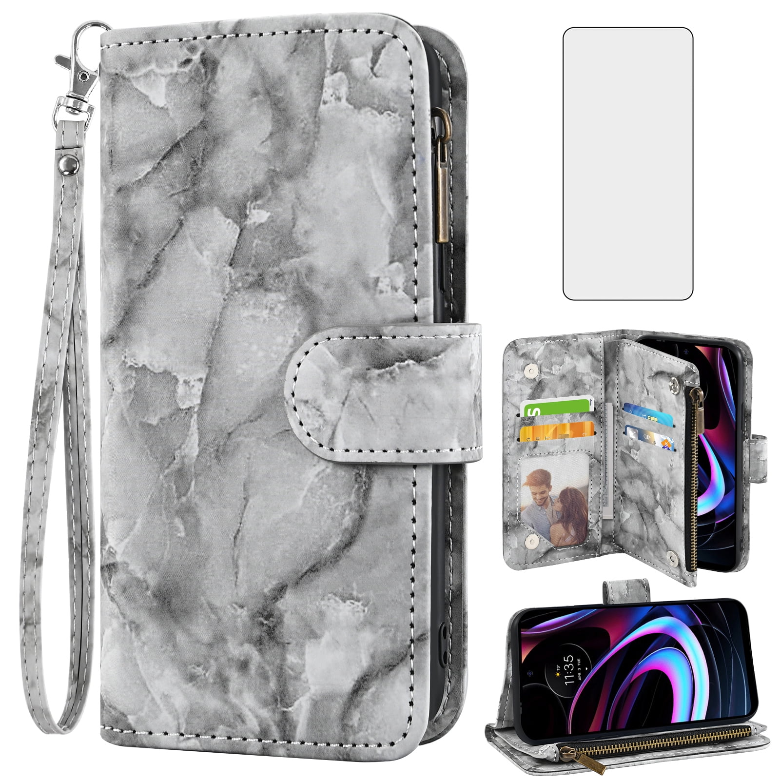 Compatible with Motorola Moto Edge 2021/MotoEdge 5G UW 2021 Wallet Phone Case and Tempered Glass Screen Protector Marble Faux Leather Flip Credit Card Holder Stand Zipper Cell Cover for XT2141-1 Grey