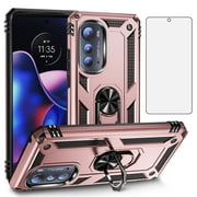 Asuwish Compatible with Motorola Moto Edge 2022/MotoEdge 5G UW 2022 Phone Case Tempered Glass Screen Protector Slim Magnetic Ring Holder Stand Hybrid Protective Cell Cover for Women Men Pink