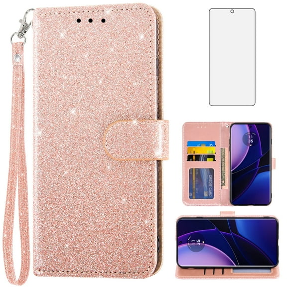 Asuwish Compatible with Motorola Moto Edge 40 Wallet Phone Case and Tempered Glass Screen Protector Flip Credit Card Holder Stand Bling Glitter Cell Cover for MotoEdge 40 5G Women Men Pink
