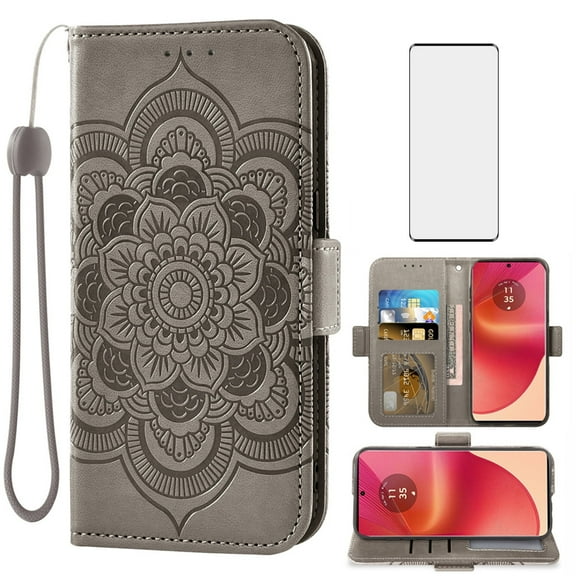 Asuwish Compatible with Motorola Moto Edge 50 Fusion Wallet Phone Case and Tempered Glass Screen Protector Flip Credit Card Holder Stand Mandala Flower Cell Cover for Women Men Gray