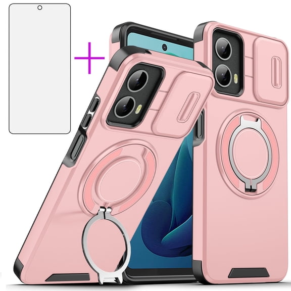 Asuwish Compatible with Motorola Moto G 5G 2023 Phone Case Slide Camera Cover Tempered Glass Screen Protector Stand Ring Holder Rugged Slim Cell for G5G 5 G G5 Women Men Pink
