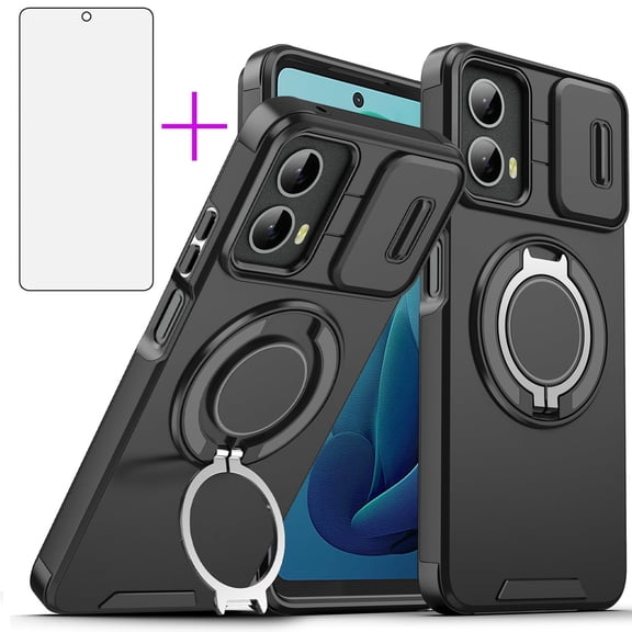 Asuwish Compatible with Motorola Moto G 5G 2023 Phone Case Slide Camera Cover Tempered Glass Screen Protector Stand Ring Holder Rugged Slim Cell for G5G 5 G G5 Women Men Black