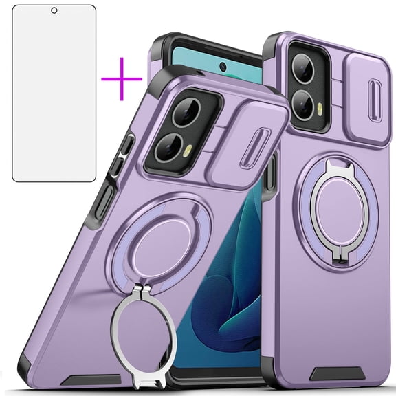 Asuwish Compatible with Motorola Moto G 5G 2023 Phone Case Slide Camera Cover Tempered Glass Screen Protector Stand Ring Holder Rugged Slim Cell for G5G 5 G G5 Women Men Purple