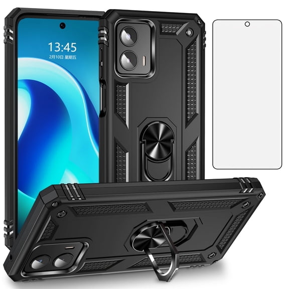 Asuwish Compatible with Motorola Moto G 5G 2023 Phone Case Tempered Glass Screen Protector Slim Magnetic Ring Holder Stand Hybrid Protective Cell Cover for G5G 5 G G5 Women Men Black