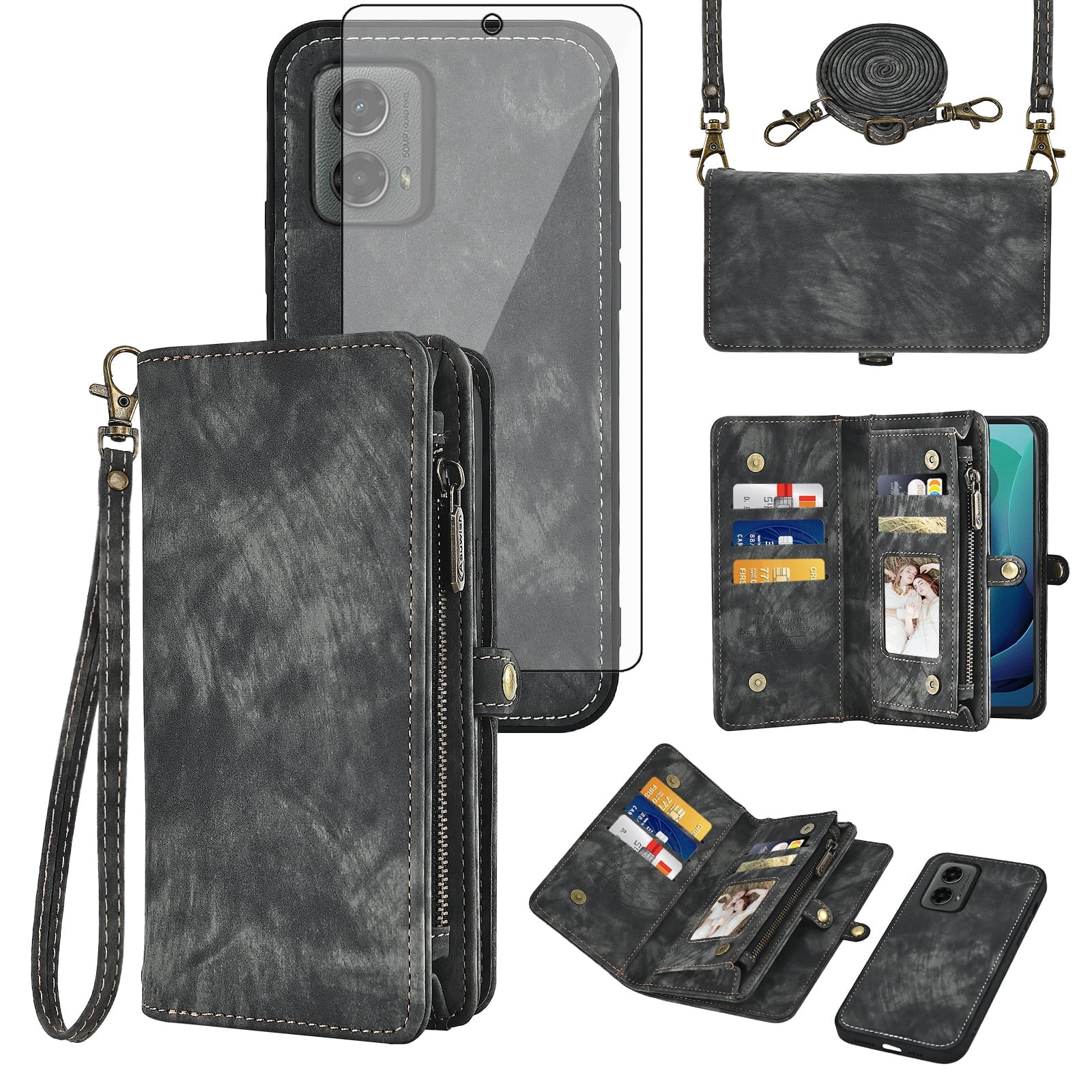 Asuwish Compatible with Motorola Moto G 5G 2024 Phone Case Zipper Wallet Detachable Tempered Glass Screen Protector Crossbody Lanyard Strap Flip Card Holder Slot Cell Cover for G5G 5 G G5 Women Black