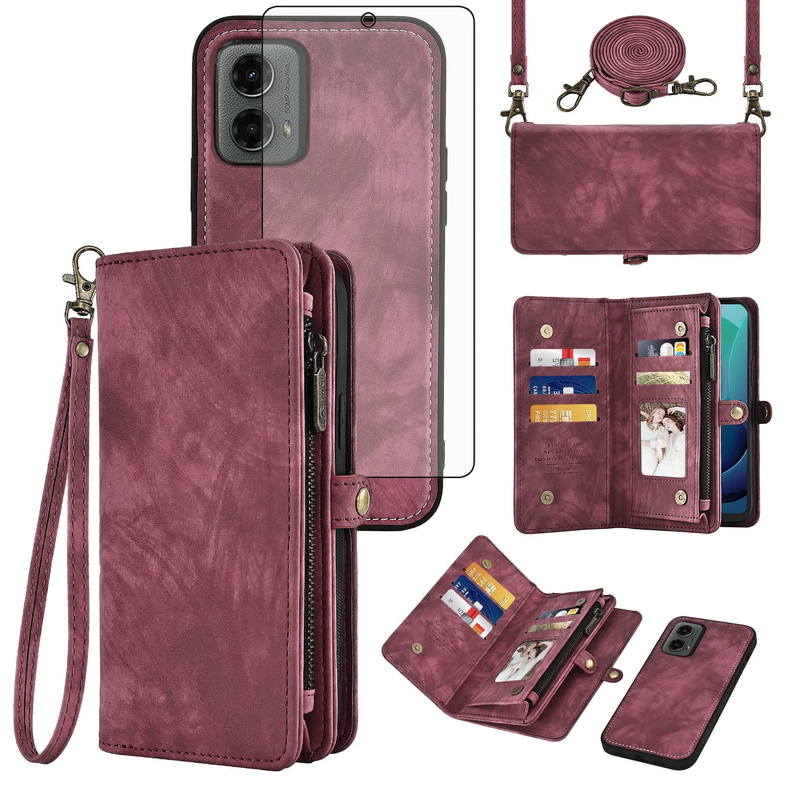Asuwish Compatible with Motorola Moto G 5G 2024 Phone Case Zipper Wallet Detachable Tempered Glass Screen Protector Crossbody Lanyard Strap Flip Card Holder Cell Cover for G5G 5 G G5 Women Girls Red