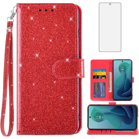 Asuwish Compatible with Motorola Moto G 5G 2024 Wallet Phone Case and Tempered Glass Screen Protector Flip Credit Card Holder Stand Bling Glitter Cell Cover for G5G 5 G G5 Women Men Red