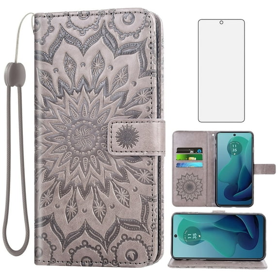Asuwish Compatible with Motorola Moto G 5G 2024 Wallet Phone Case and Tempered Glass Screen Protector Flip Credit Card Holder Stand Mandala Flower Cell Cover for G5G 5 G G5 Women Men Gray