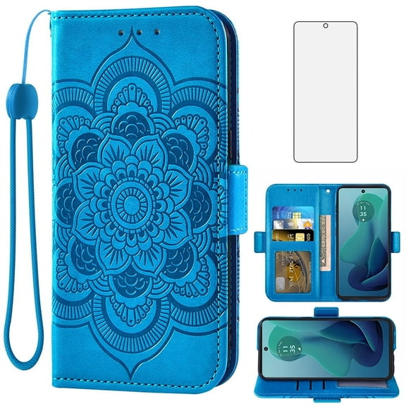 Asuwish Compatible with Motorola Moto G 5G 2024 Wallet Phone Case and Tempered Glass Screen Protector Flip Credit Card Holder Stand Mandala Flower Cell Cover Wrist Strap for G5G 5 G G5 Women Men Blue