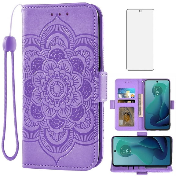 Asuwish Compatible with Motorola Moto G 5G 2024 Wallet Phone Case and Tempered Glass Screen Protector Flip Credit Card Holder Stand Mandala Flower Cell Cover for G5G 5 G G5 Women Men Purple