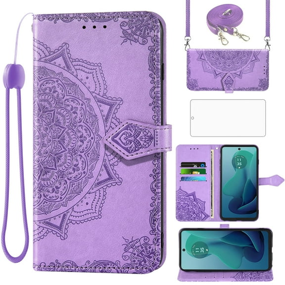 Asuwish Phone Case for Motorola Moto G 5G 2024 Wallet Faux Cell Cover with Tempered Glass Screen Protector Flip Lanyard Wrist Strap Credit Card Holder Stand Mandala Flower G5G 5 G G5 Women Men Purple