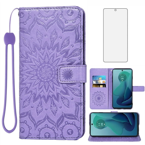 Asuwish Compatible with Motorola Moto G 5G 2024 Wallet Phone Case and Tempered Glass Screen Protector Flip Credit Card Holder Stand Mandala Flower Cell Cover for G5G 5 G G5 Women Men Purple