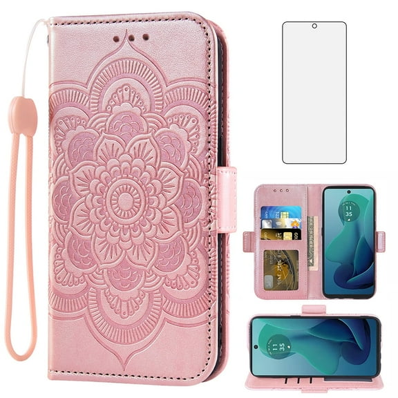 Asuwish Compatible with Motorola Moto G 5G 2024 Wallet Phone Case and Tempered Glass Screen Protector Flip Credit Card Holder Stand Mandala Flower Cell Cover Wrist Strap for G5G 5 G G5 Women Men Pink