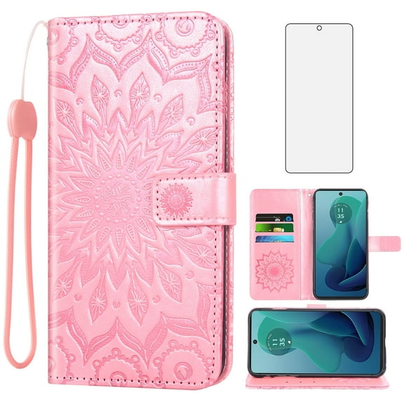 Asuwish Compatible with Motorola Moto G 5G 2024 Wallet Phone Case and Tempered Glass Screen Protector Flip Credit Card Holder Stand Mandala Flower Cell Cover for G5G 5 G G5 Women Men Pink