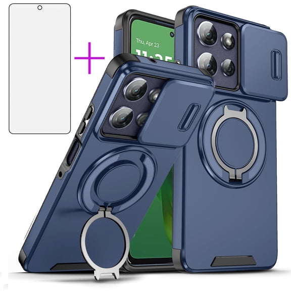 Asuwish Compatible with Motorola Moto G 5G 2025 Phone Case Slide Camera Cover Tempered Glass Screen Protector Stand Ring Holder Rugged Slim Cell for G5G 5 G G5 Women Men Blue