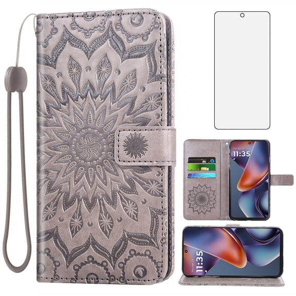 Asuwish Compatible with Motorola Moto G 5G 2025 Wallet Phone Case and Tempered Glass Screen Protector Flip Credit Card Holder Stand Mandala Flower Cell Cover for G5G 5 G G5 Women Girls Gray