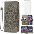 thumbnail image 1 of Asuwish Compatible with Motorola Moto G 5G 2025 Wallet Phone Case and Tempered Glass Screen Protector Flip Credit Card Holder Stand Mandala Flower Cell Cover for G5G 5 G G5 Women Gray, 1 of 9