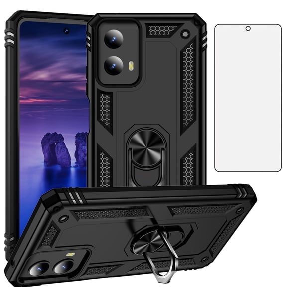 Asuwish Compatible with Motorola Moto G Play 2024 5G/G 5G 2024 Phone Case Tempered Glass Screen Protector Slim Magnetic Ring Holder Stand Hybrid Protective Cell Cover for G5G 5 G G5 Women Men Black