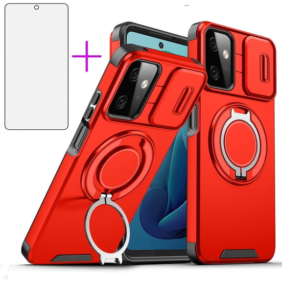 Asuwish Compatible with Motorola Moto G Power 5G 2023 Phone Case Slide Camera Cover Tempered Glass Screen Protector Stand Ring Holder Rugged Slim Cell for GPower G5 Women Men Red