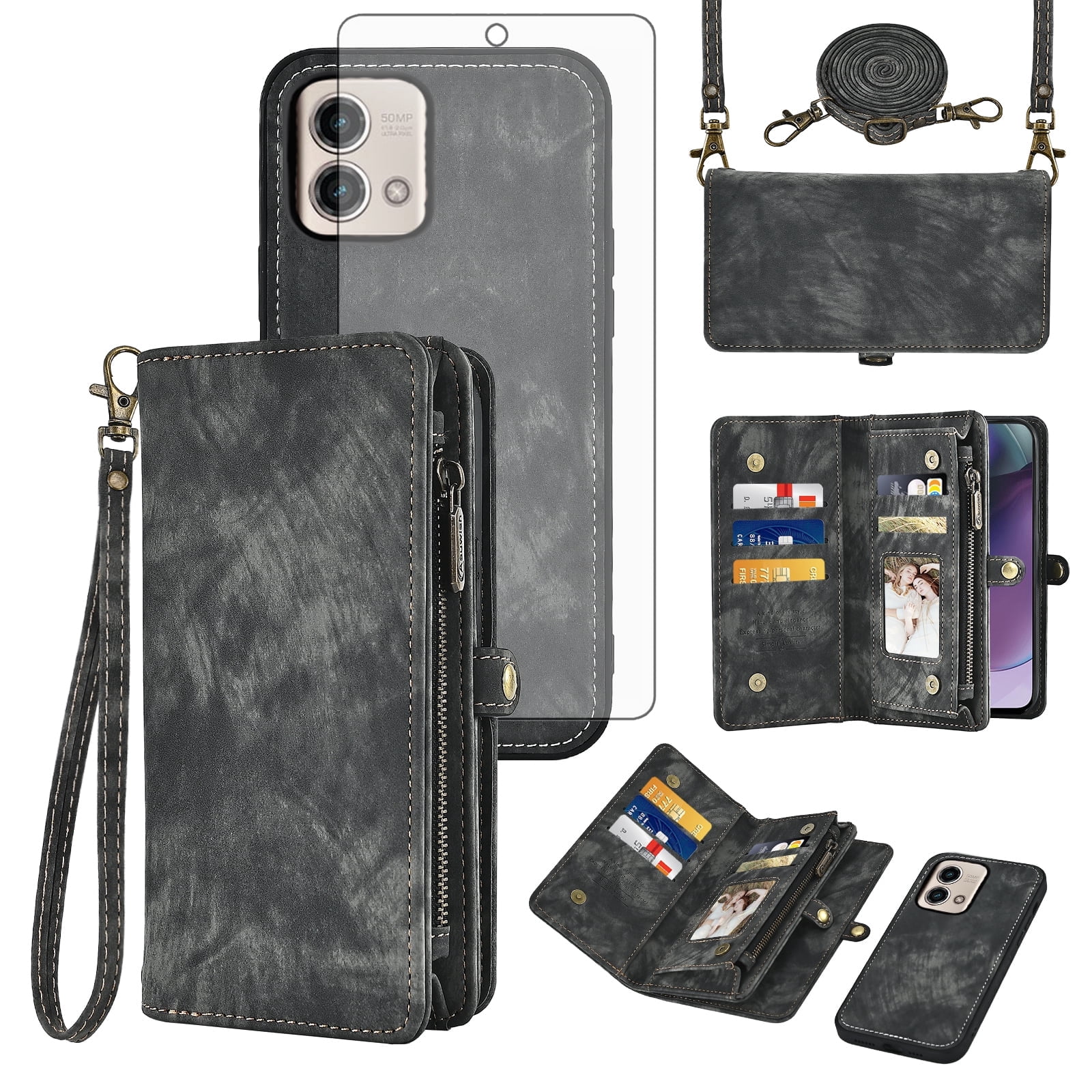 Asuwish Compatible with Motorola Moto G Power 5G 2023 Phone Case Zipper Wallet Detachable Tempered Glass Screen Protector Crossbody Lanyard Strap Flip Card Holder Cell Cover for GPower G5 Women Black