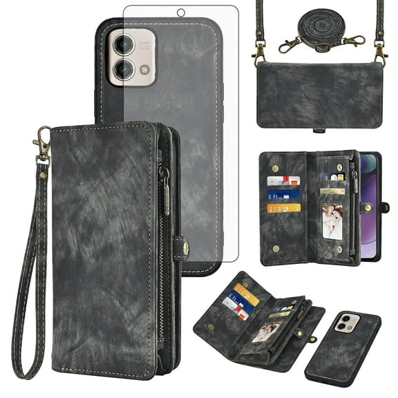 Asuwish Compatible with Motorola Moto G Power 5G 2023 Phone Case Zipper Wallet Detachable Tempered Glass Screen Protector Crossbody Lanyard Strap Flip Card Holder Cell Cover for GPower G5 Women Black