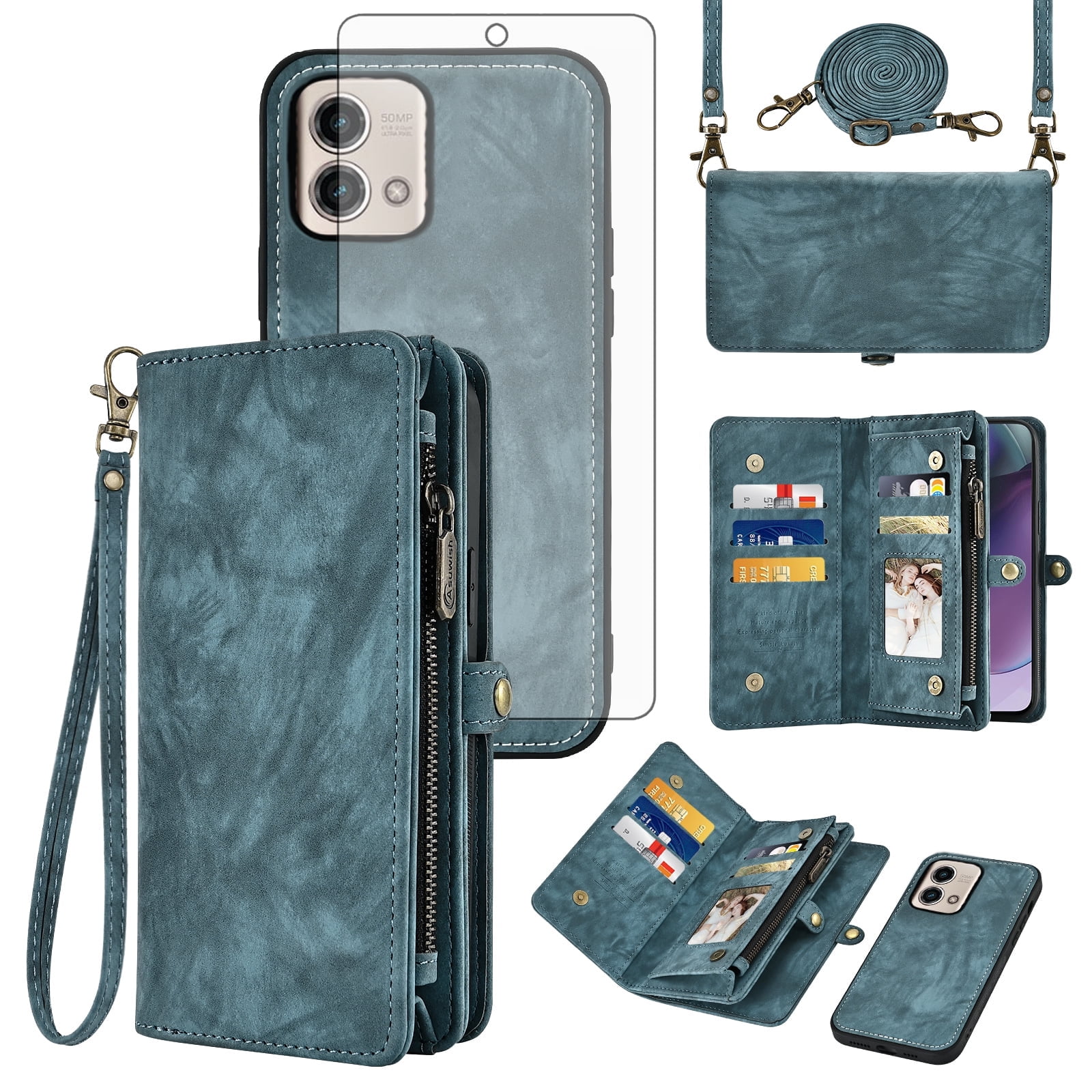Asuwish Compatible with Motorola Moto G Power 5G 2023 Phone Case Zipper Wallet Detachable Tempered Glass Screen Protector Crossbody Lanyard Strap Flip Card Holder Cell Cover for GPower G5 Women Blue