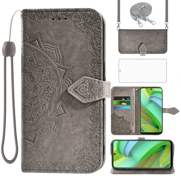 Asuwish Phone Case for Motorola Moto G Power 5G 2023 Wallet Cell Cover with Tempered Glass Screen Protector Flip Lanyard Wrist Strap Credit Card Holder Stand Mandala Flower GPower G5 Women Men Grey
