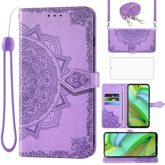 Asuwish Screen Protector Included Mandala Flower Hard Shell Wallet Cell Phone Case with Tempered Glass Screen Protector for Motorola Moto G Power 5G 2023, Purple