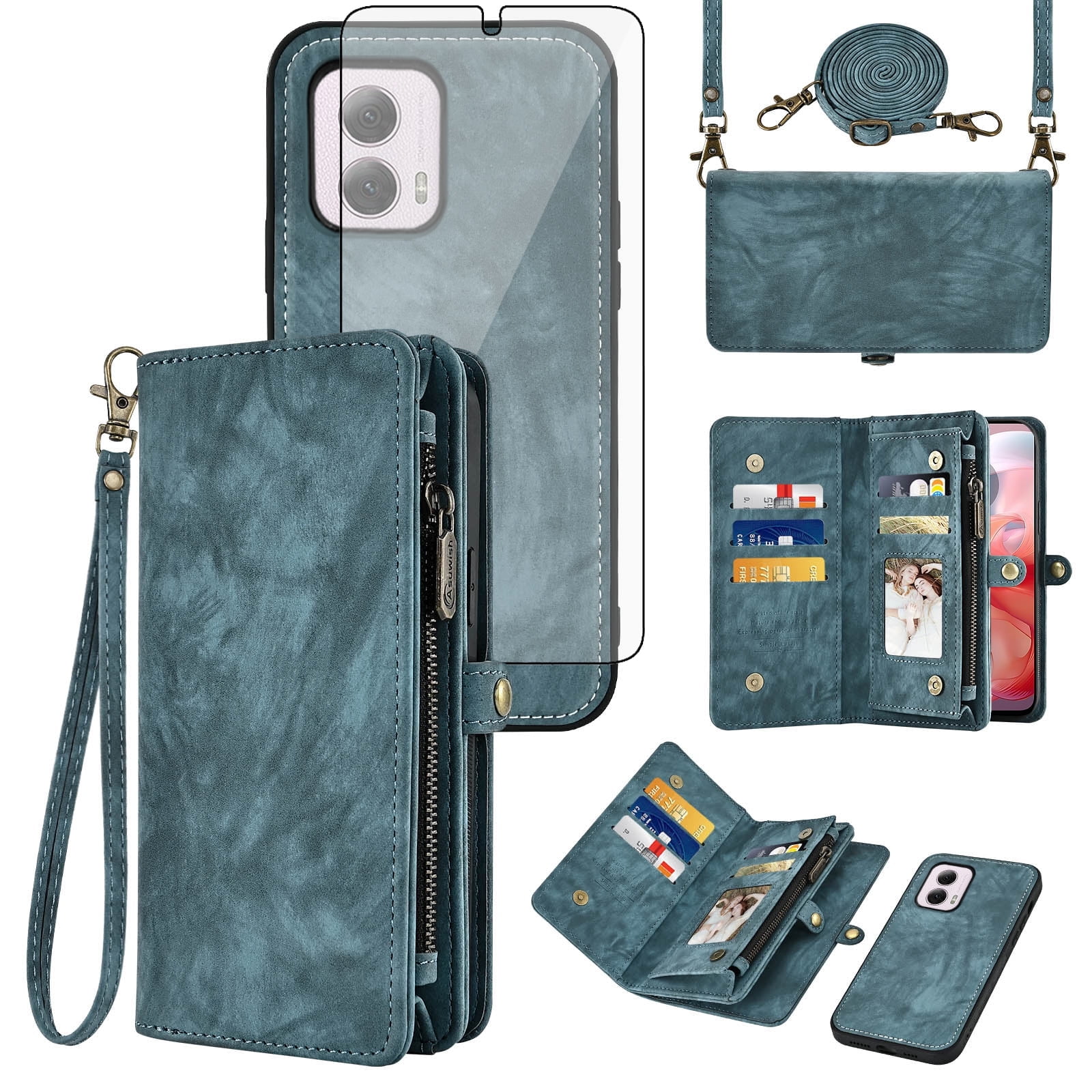 Asuwish Compatible with Motorola Moto G Power 5G 2024 Phone Case Zipper Wallet Detachable Tempered Glass Screen Protector Crossbody Lanyard Strap Flip Card Holder Cell Cover for G5 Women Girls Blue