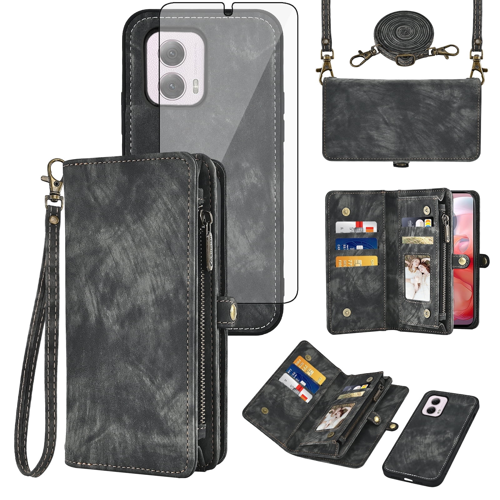 Asuwish Compatible with Motorola Moto G Power 5G 2024 Phone Case Zipper Wallet Detachable Tempered Glass Screen Protector Crossbody Lanyard Strap Flip Card Holder Cell Cover for G5 Women Girls Black