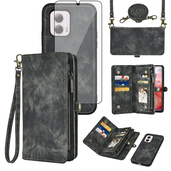 Asuwish Compatible with Motorola Moto G Power 5G 2024 Phone Case Zipper Wallet Detachable Tempered Glass Screen Protector Crossbody Lanyard Strap Flip Card Holder Cell Cover for G5 Women Girls Black