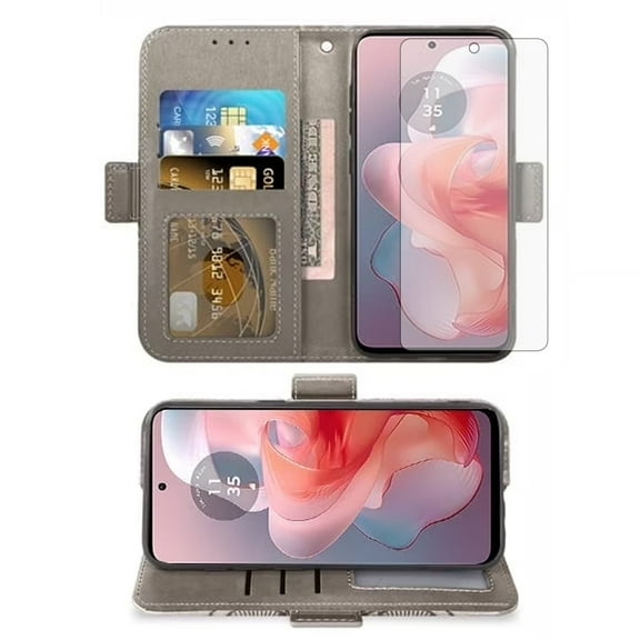 Asuwish Compatible with Motorola Moto G Power 5G 2024 Wallet Phone Case and Tempered Glass Screen Protector Flip Credit Card Holder Stand Mandala Flower Cell Cover Wrist Strap for G5 Women Men Gray