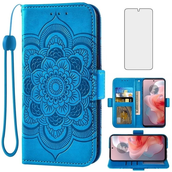 Asuwish Compatible with Motorola Moto G Power 5G 2024 Wallet Phone Case and Tempered Glass Screen Protector Flip Credit Card Holder Stand Mandala Flower Cell Cover Wrist Strap for G5 Women Men Blue
