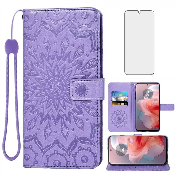 Asuwish Compatible with Motorola Moto G Power 5G 2024 Wallet Phone Case and Tempered Glass Screen Protector Flip Credit Card Holder Stand Mandala Flower Cell Cover Wrist Strap for G5 Women Men Purple