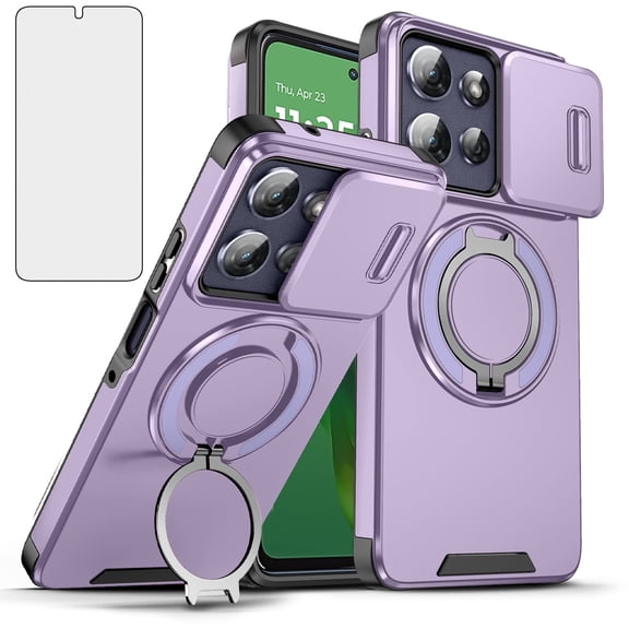 Asuwish Compatible with Motorola Moto G Power/G Play 5G 2025 Phone Case Slide Camera Cover Tempered Glass Screen Protector Stand Ring Holder Rugged Slim Cell for XT2515-1 Women Men Purple