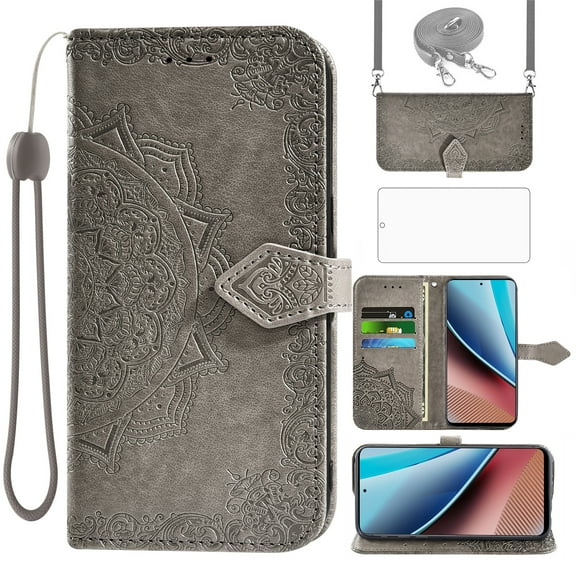 Asuwish Phone Case for Motorola Moto G Stylus 4G 2023 Wallet Cell Cover with Tempered Glass Screen Protector Flip Lanyard Wrist Strap Credit Card Holder Mandala Flower GStylus XT2317-1 XT2317-2 Grey